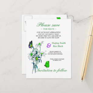 Carte Postale Faire-part Papillons Et Marguerites Vert Enregistrer La Date