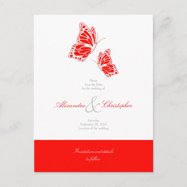 Carte Postale Faire-part Papillons rouges simples Épargnez la date mariage (Devant)