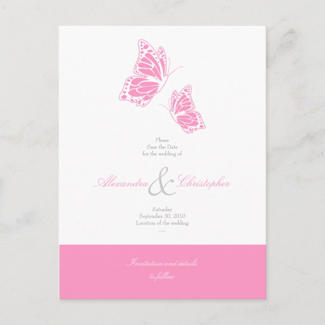 Carte Postale Faire-part Papillons simples rose Enregistrer le Mariage de d (Devant)