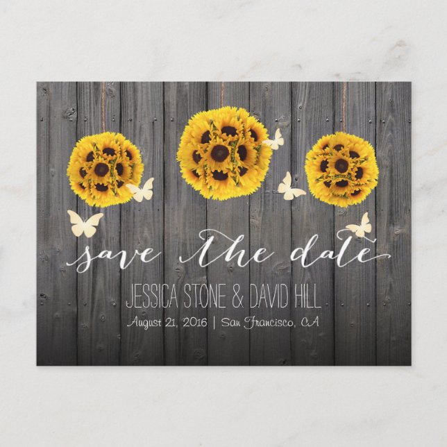 Carte Postale Faire-part Papillons & Tournesols Grange Bois Enregistrer la  (Devant)