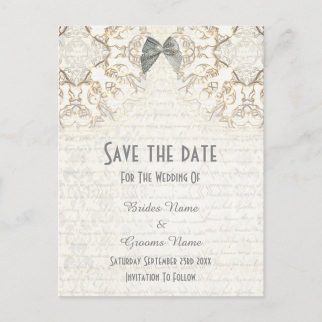 Carte Postale Faire-part Parchemin en dentelle blanche enregistrer la date (Devant)