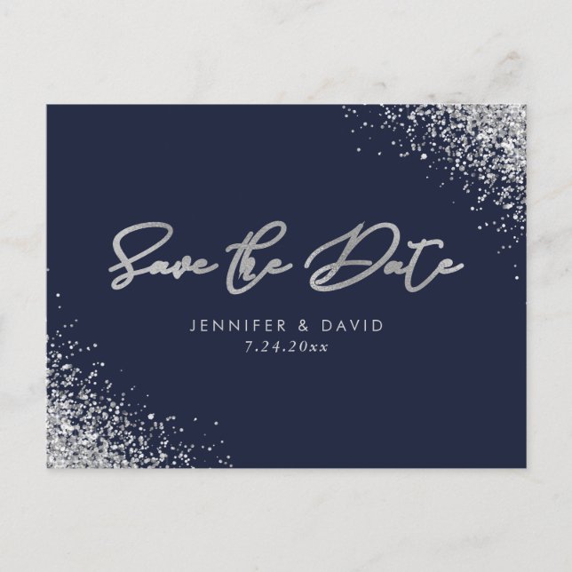 Carte Postale Faire-part Parties scintillant Argent Marine Bleu Mariage Enr (Devant)