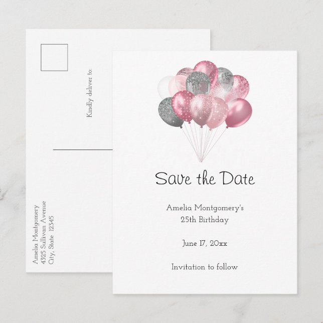 Carte Postale Faire-part Parties scintillant Balloon Bunch rose et argent (Devant / Derrière)