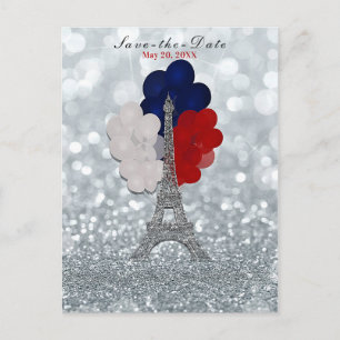 Carte Postale Faire-part Parties scintillant d'argent Tour Eiffel Rouge Ble