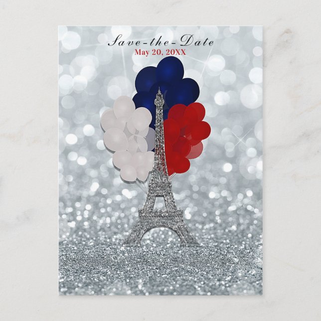 Carte Postale Faire-part Parties scintillant d'argent Tour Eiffel Rouge Ble (Devant)