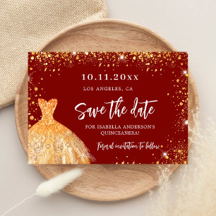 Carte Postale Faire-part Parties scintillant de robe d'or rouge Quinceanera