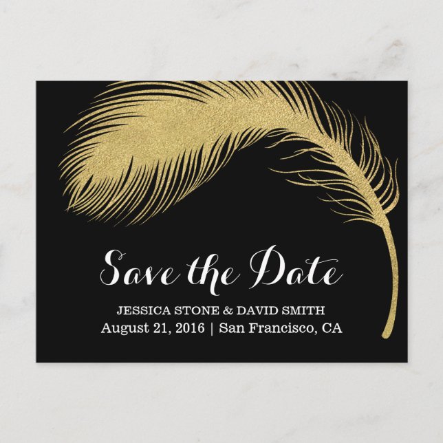 Carte Postale Faire-part Parties scintillant d'or moderne Mariage en plume  (Devant)