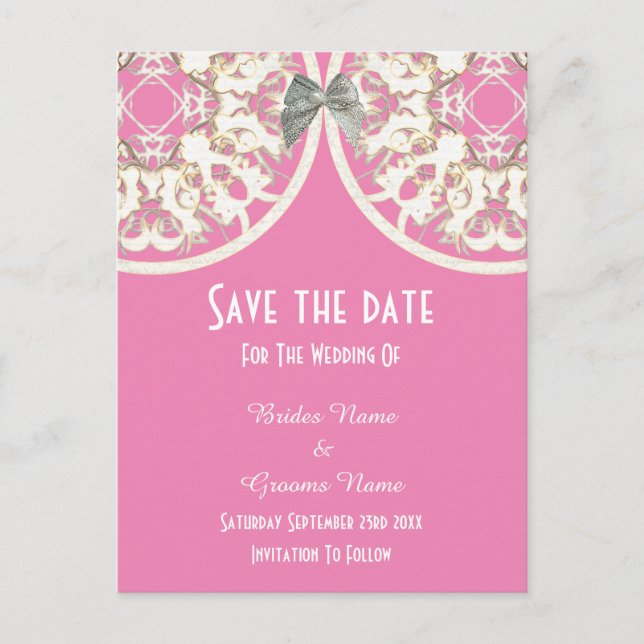 Carte Postale Faire-part Pastel rose et dentelle blanche en filigrane  save (Devant)