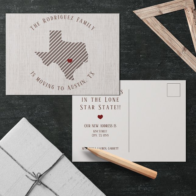 Carte Postale Faire-part Pays collinaire Brun Lin et cœur Texas Déménagemen (Créateur téléchargé)