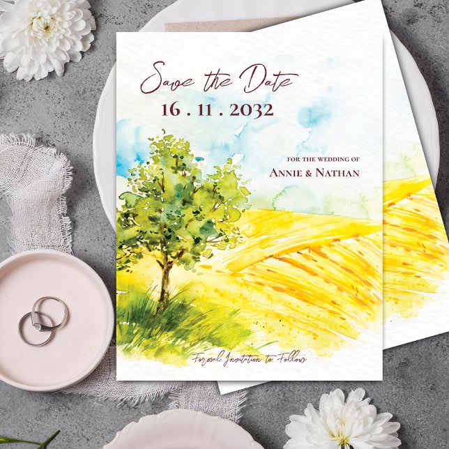 Carte Postale Faire-part Paysage de campagne Mariage Jaune Clair Élégant (Chic Bright Yellow Farmland Landscape Wedding Announcement Postcard)