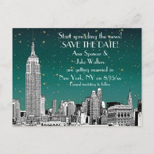Carte Postale Faire-part Paysage de NYC 01 Gravé Ciel étoilé Teal Save the