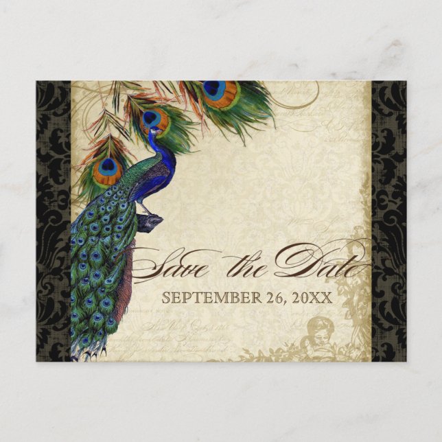 Carte Postale Faire-part Peacock & Feathers Formal Enregistrer la date Tan  (Devant)