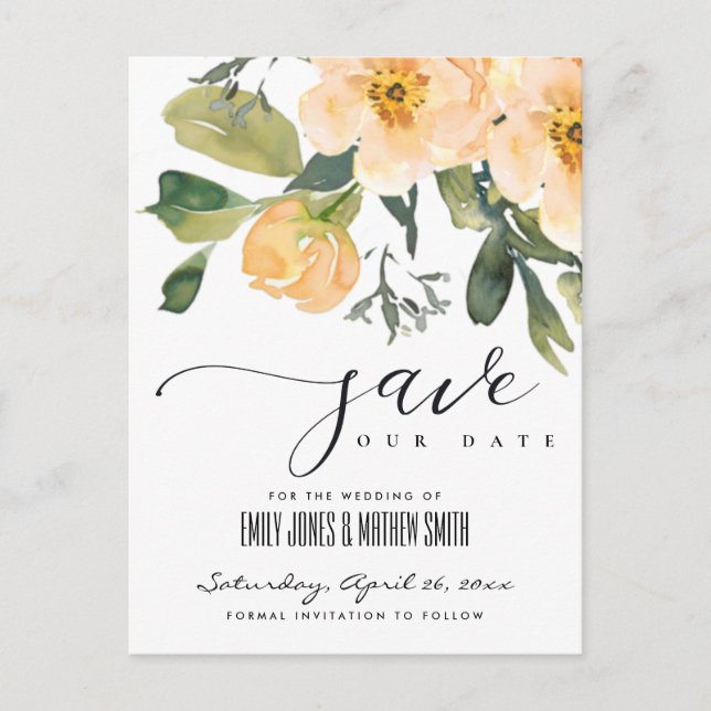 CARTE POSTALE FAIRE-PART PECHE DOUX PIVOINE AQUARELLE FLEUR SAVE THE DATE (Devant)