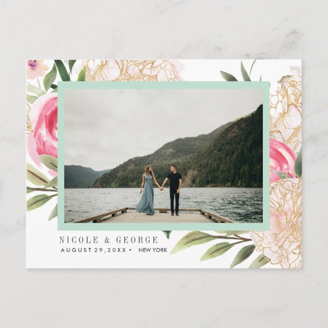 Carte Postale Faire-part Peony gold flowers Photo MARIAGE SAUVER LA DATE (Devant)