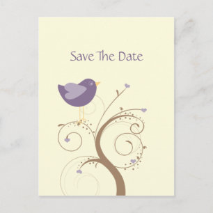 Carte Postale Faire-part Perroquet amoureux violet et cœurs Save The Date