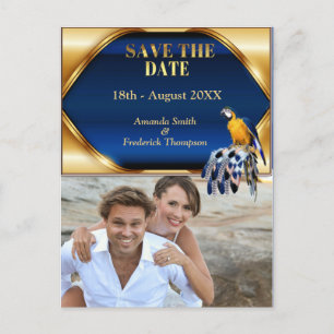 Carte Postale Faire-part Perroquet exotique tons de bleu Save the Dates