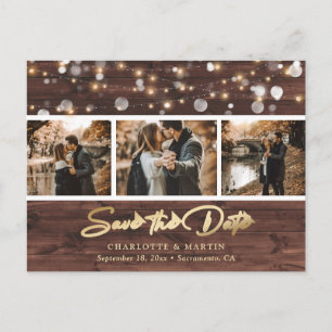 Carte Postale Faire-part Personnalisé Rustic Wood Mariage 3 Photo Enregistr