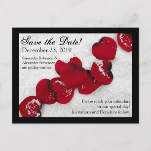 Carte Postale Faire-part Pétales de rose rouge en neige, mariage d'hiver