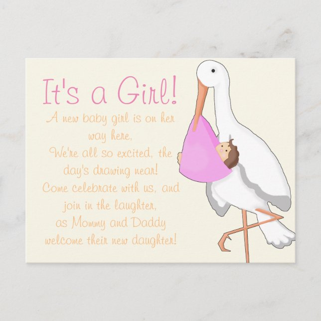 Carte Postale Faire-part "Petite cigogne" C'est une fille ! (Devant)