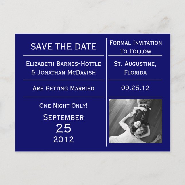 Carte Postale Faire-part Photo Billet Bleu Marine Enregistrer La Date (Devant)