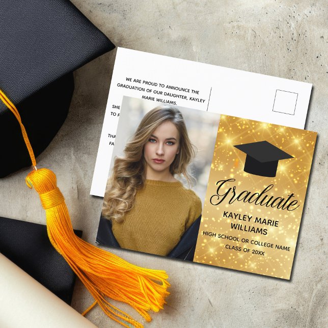Carte Postale Faire-part photo Chic Gold Sparkle Graduation (Créateur téléchargé)