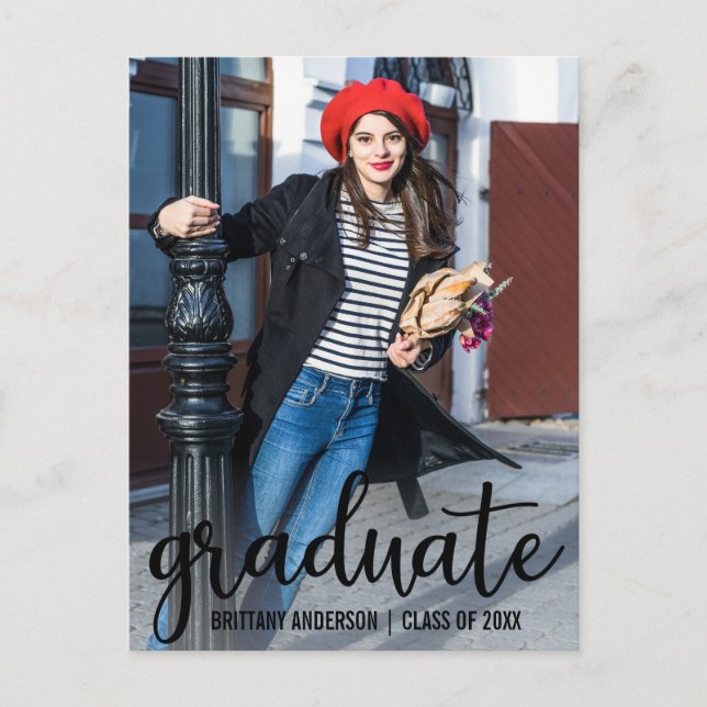 Carte Postale Faire-part Photo d'annonce de graduation en écriture moderne (Devant)