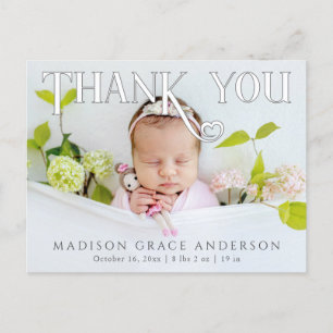 Carte Postale Faire-part Photo de bébé Merci Cœur Moderne Naissance