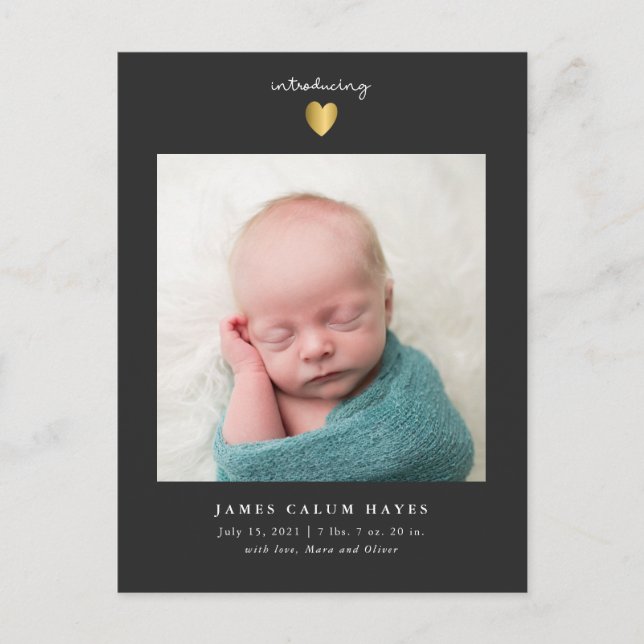 Carte Postale Faire-part Photo de bébé moderne Boy Gold Heart Birth (Devant)