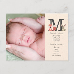 Carte Postale Faire-part Photo de bébé Monogramme Bois Animaux Naissance