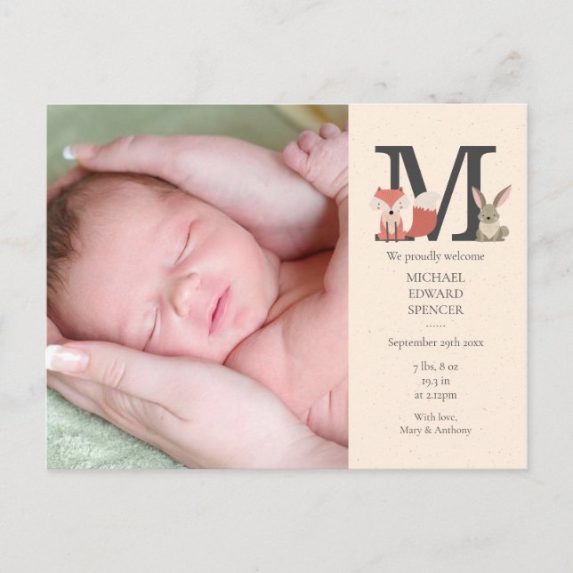 Carte Postale Faire-part Photo de bébé Monogramme Bois Animaux Naissance (Devant)