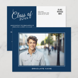 Carte Postale Faire-part photo de graduation moderne - bleu mari
