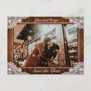 Carte Postale Faire-part Photo de Rustic Wood & White Lace Wedding