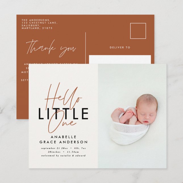 Carte Postale Faire-part Photo de script moderne bonjour petit un (Devant / Derrière)