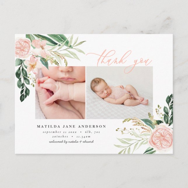 Carte Postale Faire-part Photo élégante fleurs roses merci naissance (Devant)