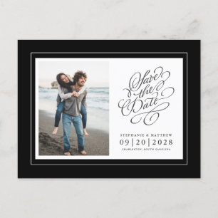 Carte Postale Faire-part Photo Enregistrer La Date Noir & Blanc Élégant Mar