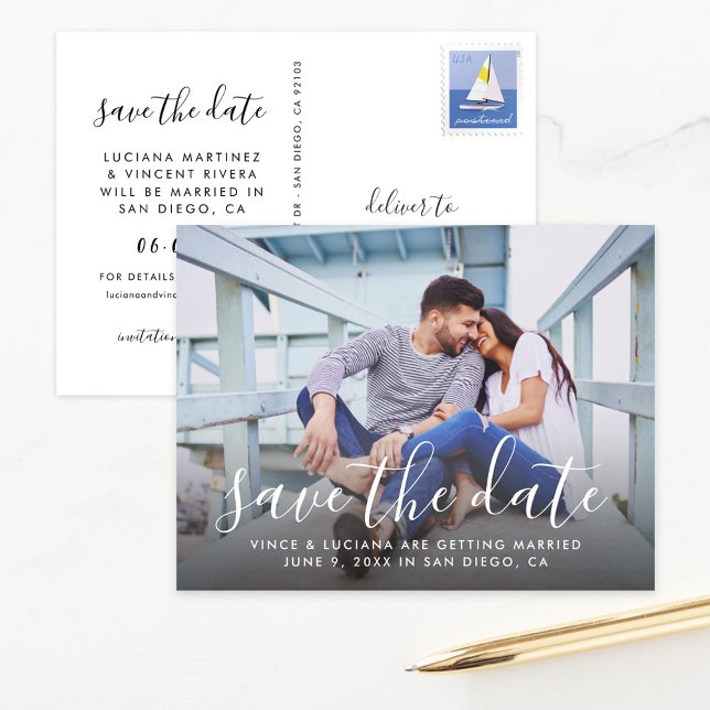 Carte Postale Faire-part Photo manuscrite du Mariage de script Enregistrer  (Créateur téléchargé)