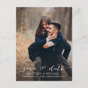 Carte Postale Faire-part Photo manuscrite minimal blanc Enregistrer la date