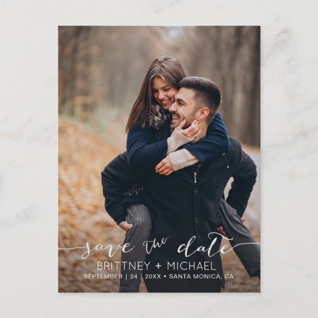 Carte Postale Faire-part Photo manuscrite minimal blanc Enregistrer la date (Devant)