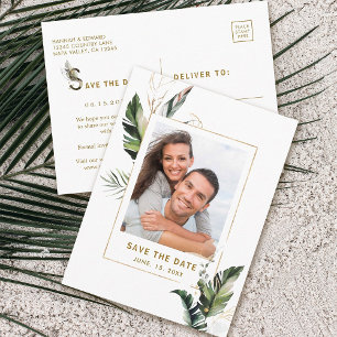 Carte Postale Faire-part Photo Mariage Tropical Foliage Gold Enregistrer la