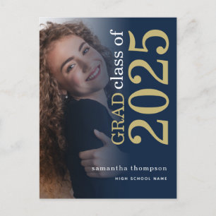 Carte Postale Faire-part Photo moderne Gold Marine 2025 Graduation