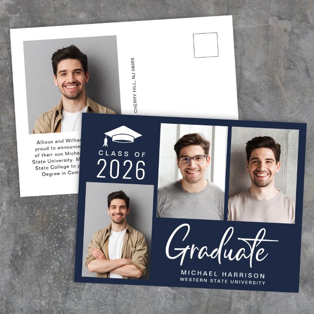 Carte Postale Faire-part Photo moderne Gras Script Bleu Graduation (Modern Photo Bold Script Blue Graduation Announcement Postcard)