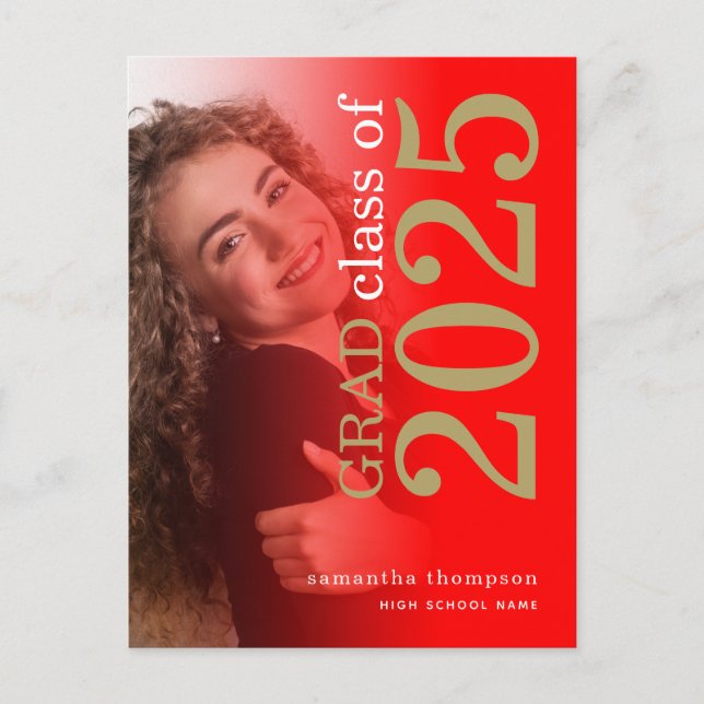 Carte Postale Faire-part Photo moderne Red Gold 2023 Graduation (Devant)