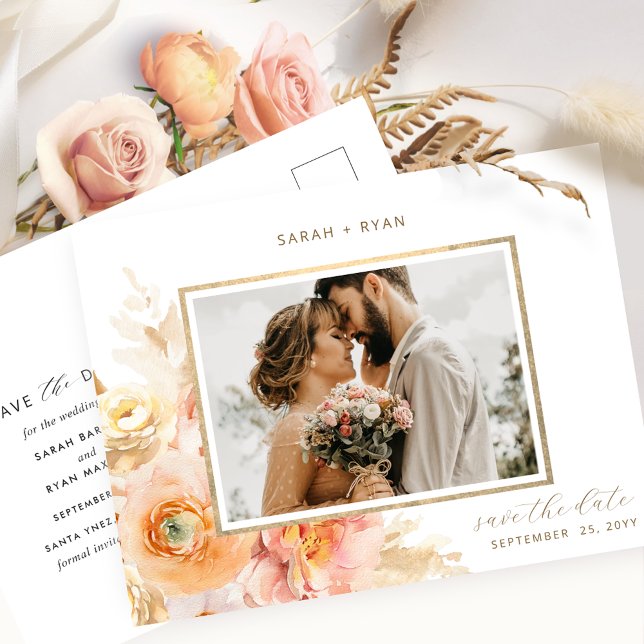 Carte Postale Faire-part Photo Peach Blush Cream Gold Wedding Enregistrer l (Créateur téléchargé)