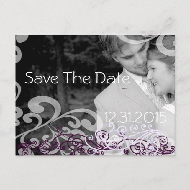 Carte Postale Faire-part Photo tourbillonnant Enregistrer La Date Eggplant  (Devant)