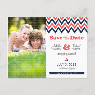 Carte Postale Faire-part Photo Turquoise moderne et orange Chevron Enregist