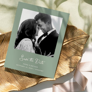 Carte Postale Faire-part Photo verte Sage Code QR Enregistrer La Date