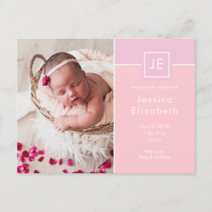 Carte Postale Faire-part Photos de bébé avec monogramme Élégant Moderne Nai