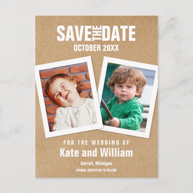Carte Postale Faire-part Photos d'enfance Rustic Kraft Sauvez la date (Devant)