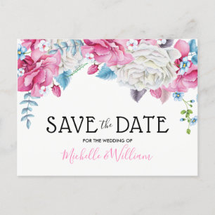 Carte Postale Faire-part Pink Blue Summer Floral Enregistrer la date