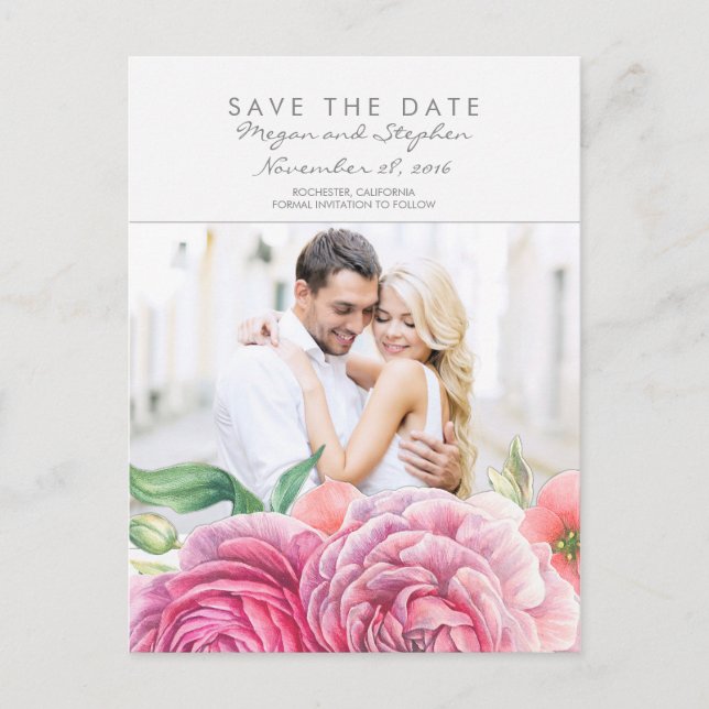 Carte Postale Faire-part Pink Floral Elegant Photo Enregistrer la date (Devant)